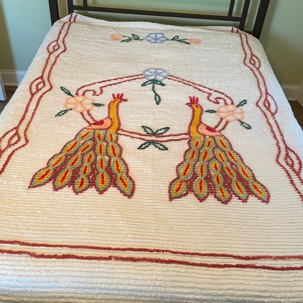 VINTAGE DOUBLE PEACOCK CHENILLE QUILT KING BLANKET- BOHO BEAUTIFUL!